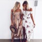 Lossky 2018 New Women Sexy Side Split Summer Dress Off Shoulder Vintage Print Maxi Dress Women Beach Dress Vestidos