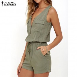 Summer ZANZEA 2019 Rompers Womens Jumpsuit Sexy V Neck Sleeveless Zipper Playsuits Plus Size Casual Solid Bodysuit Beach Overall