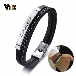 Vnox Multi Layer Leather Bracelets for Men Women Customizable Engraving Stainless Steel Bar Bangles Casual Personalized Pulseira