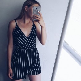 Wipalo OL Style Slim Romper Women Jumpsuits Casual Vertical Striped Summer Playsuit Sexy V Neck Belted Romper overalls Bodysuit