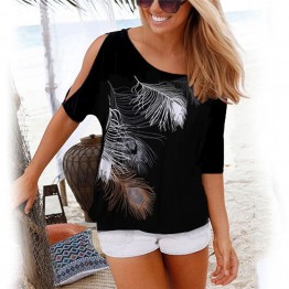 Women Summer 2019 Tshirt Casual Short Sleeve Tops Tees Sexy Off Shoulder Feather Print T-Shirt O-neck Loose Plus Size 5XL Shirts